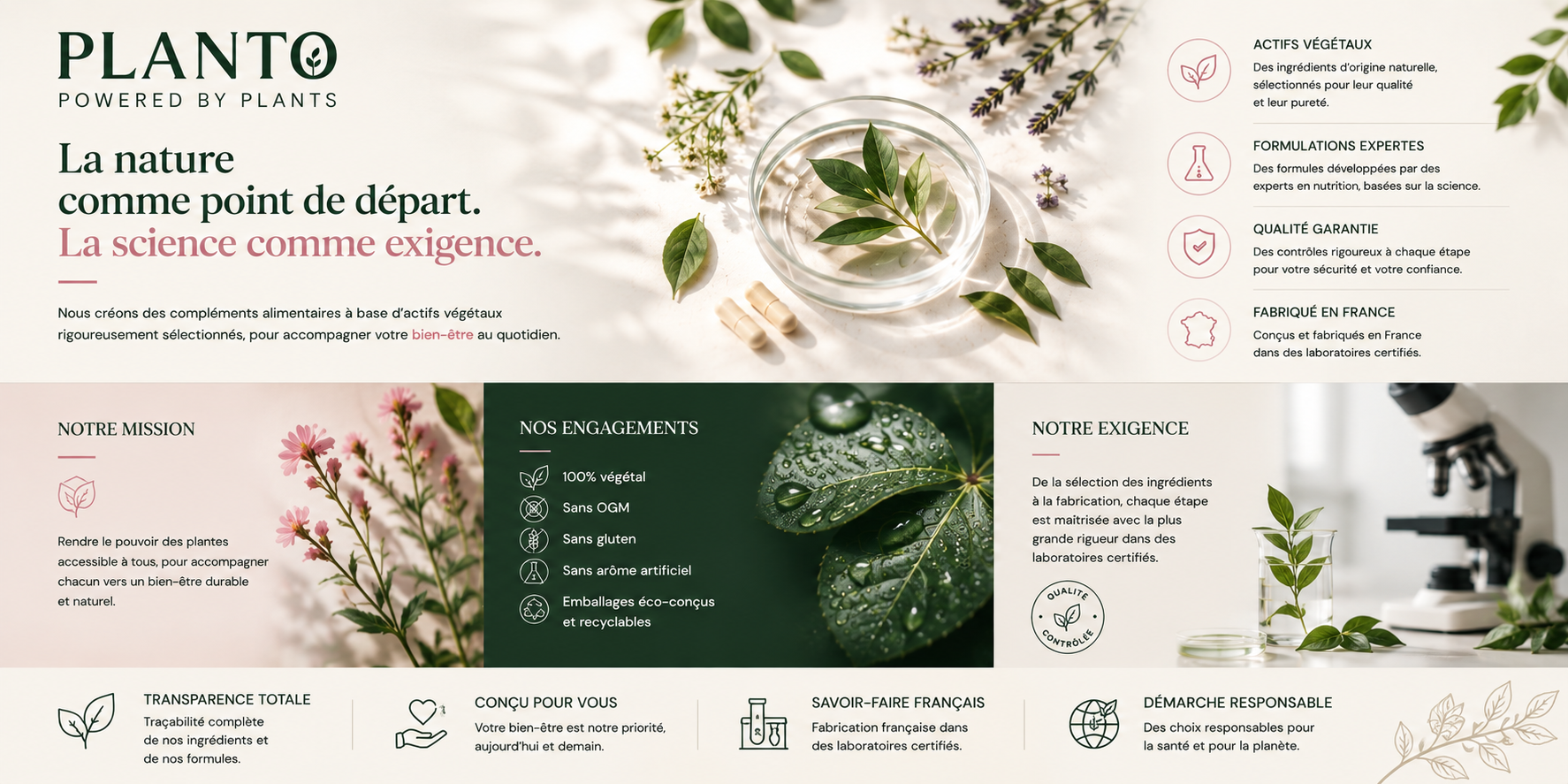 Univers de marque PLANTO : naturalité, formulation experte, qualité garantie et démarche responsable